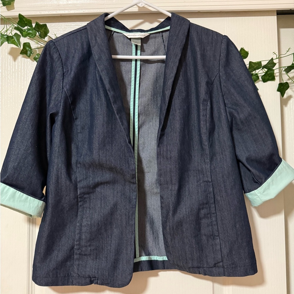 Christopher & Banks Dark Denim Blazer with Light Green Trim